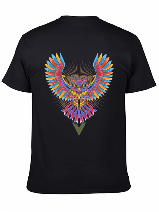 Colorful Owl Graphic Print Black T-Shirt