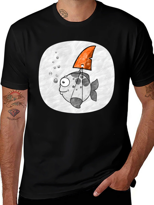 Cartoon Fish with Shark Fin Black T-Shirt