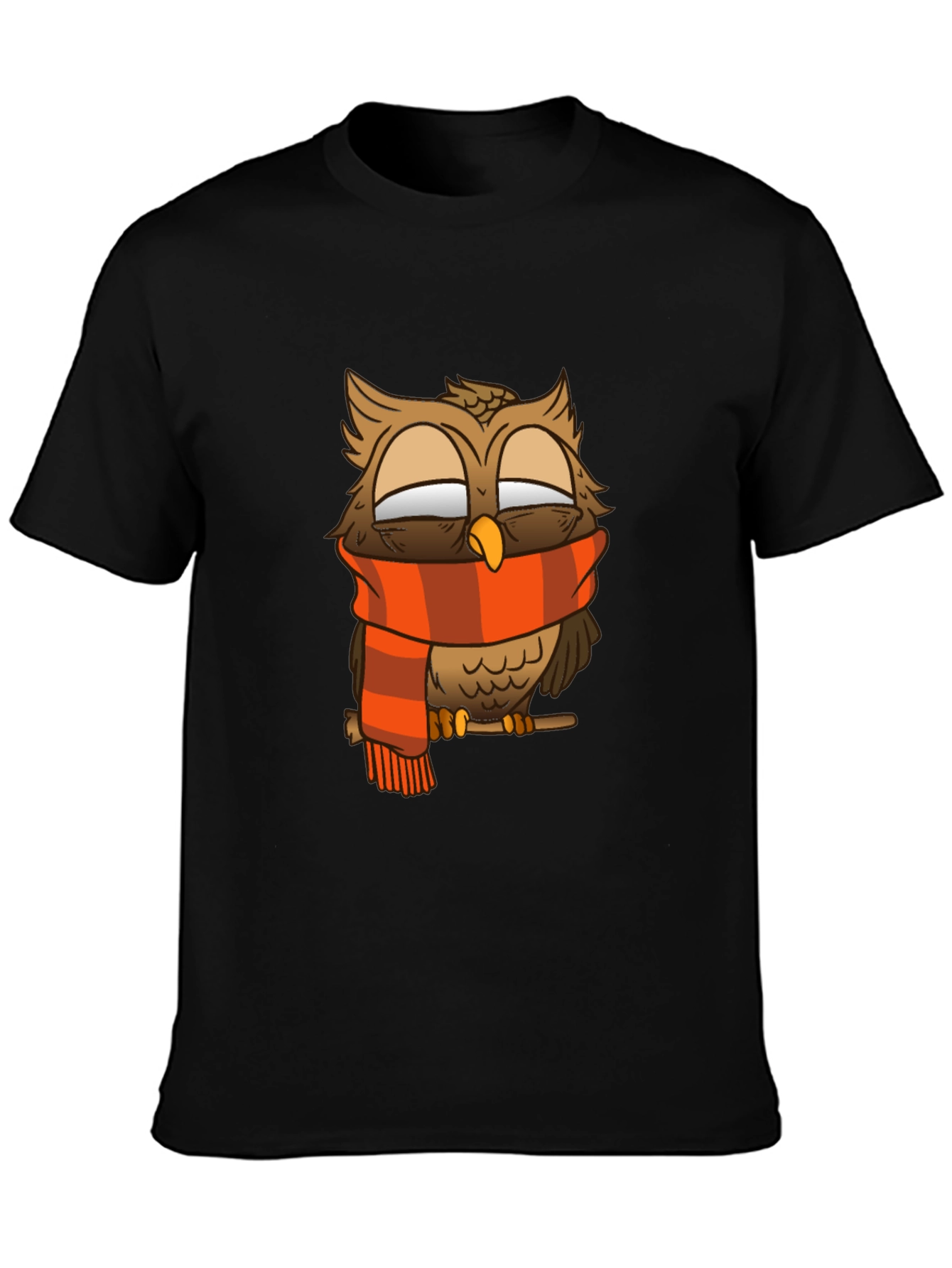 Owl Scarf Graphic Tee - Black Cotton T-Shirt