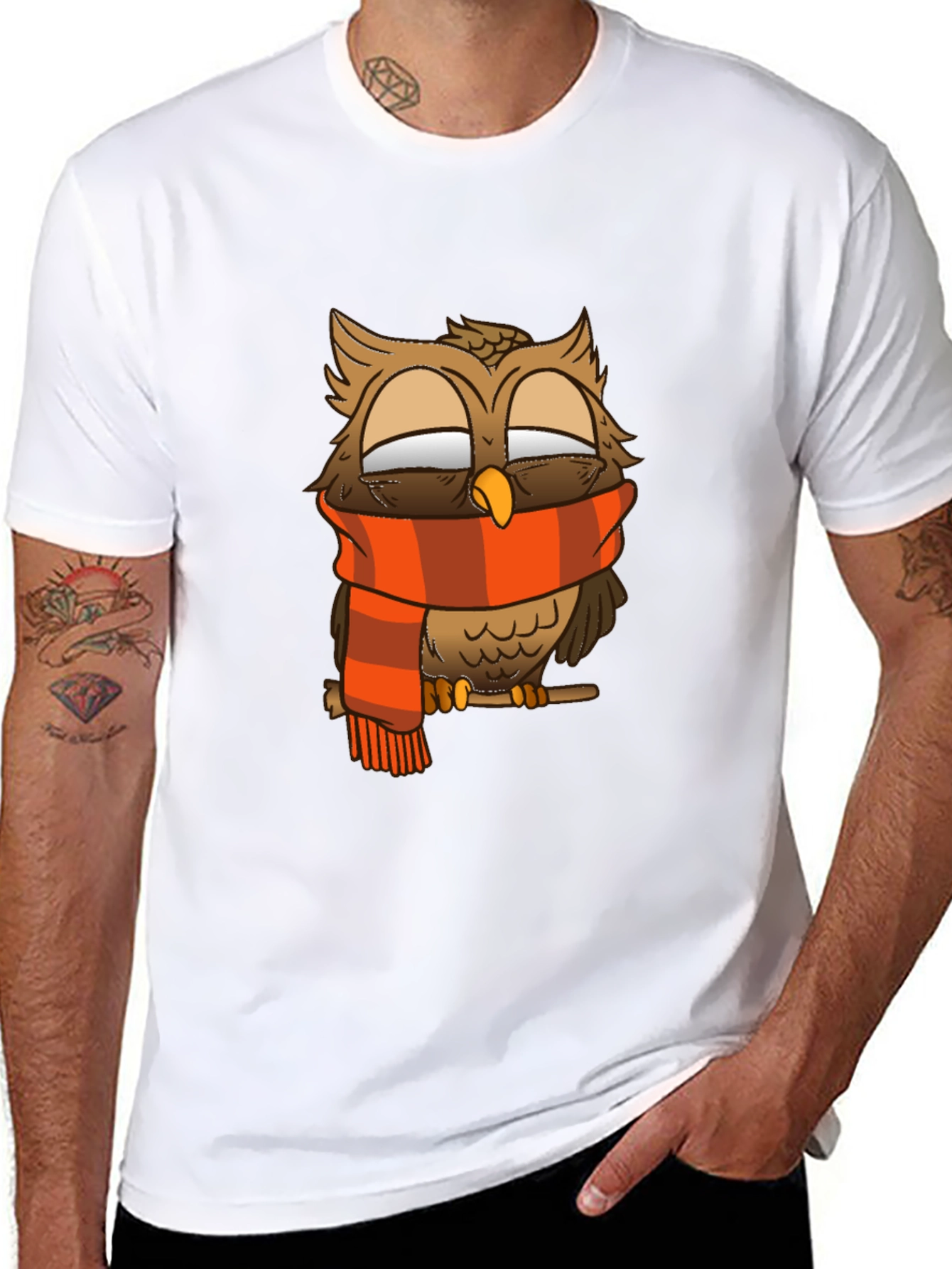 Owl Scarf Graphic Tee - Black Cotton T-Shirt