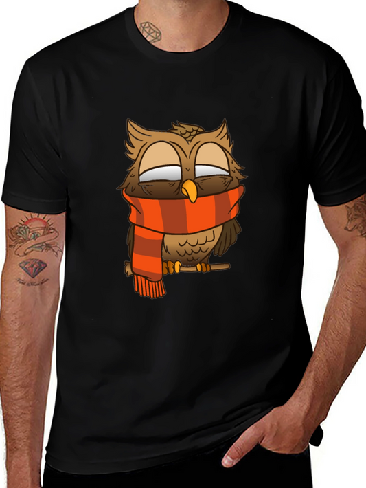 Owl Scarf Graphic Tee - Black Cotton T-Shirt
