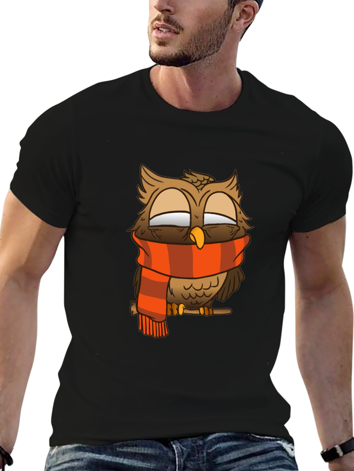 Owl Scarf Graphic Tee - Black Cotton T-Shirt