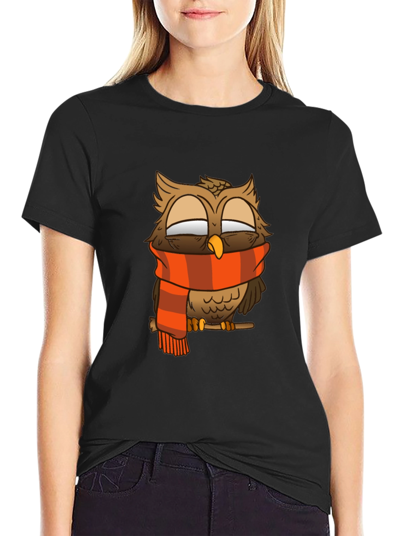 Owl Scarf Graphic Tee - Black Cotton T-Shirt