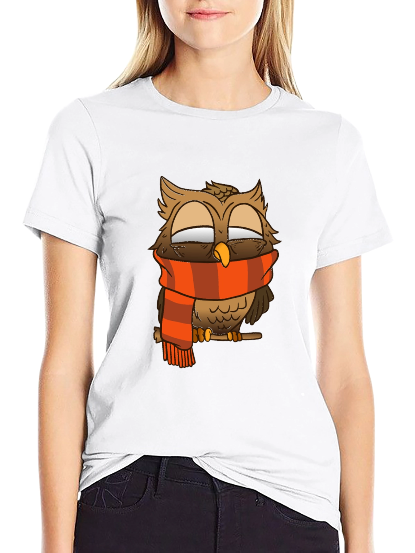 Owl Scarf Graphic Tee - Black Cotton T-Shirt