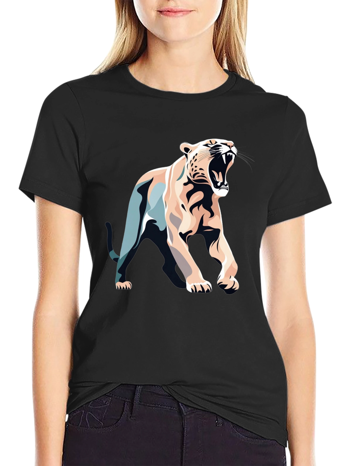 Black T-Shirt with Bold Roaring Cat Graphic