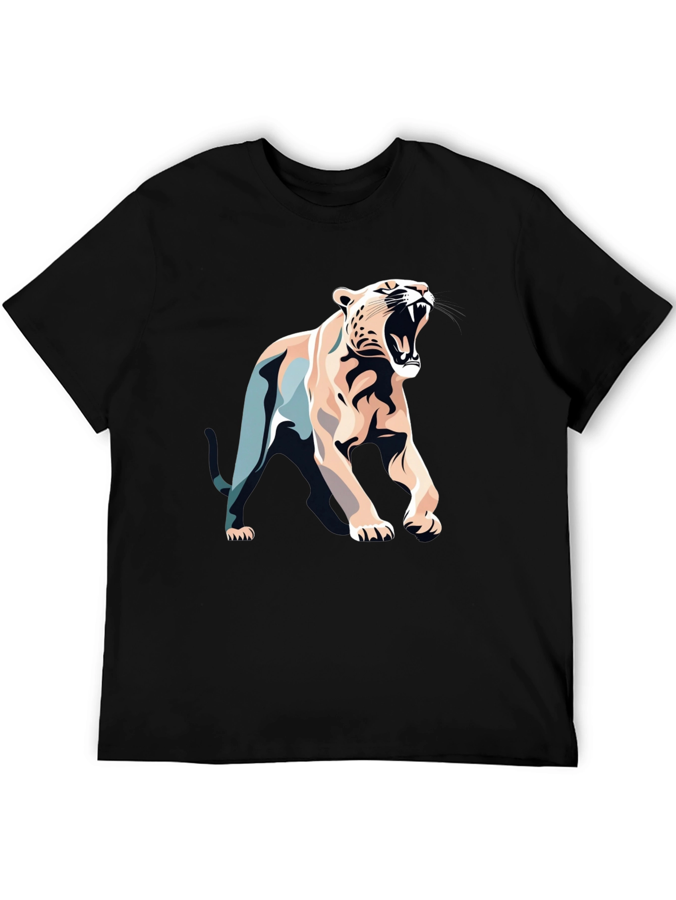 Black T-Shirt with Bold Roaring Cat Graphic