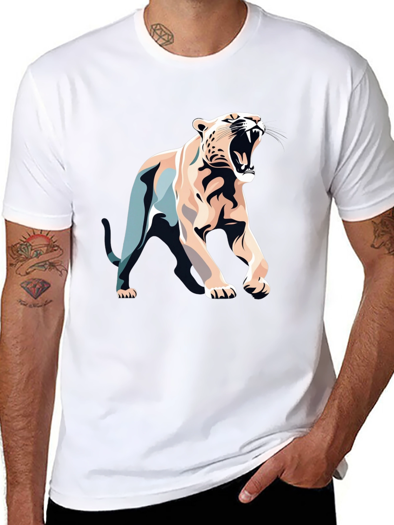 Black T-Shirt with Bold Roaring Cat Graphic