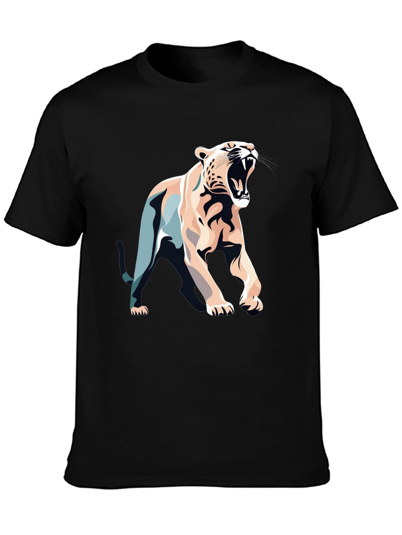 Black T-Shirt with Bold Roaring Cat Graphic