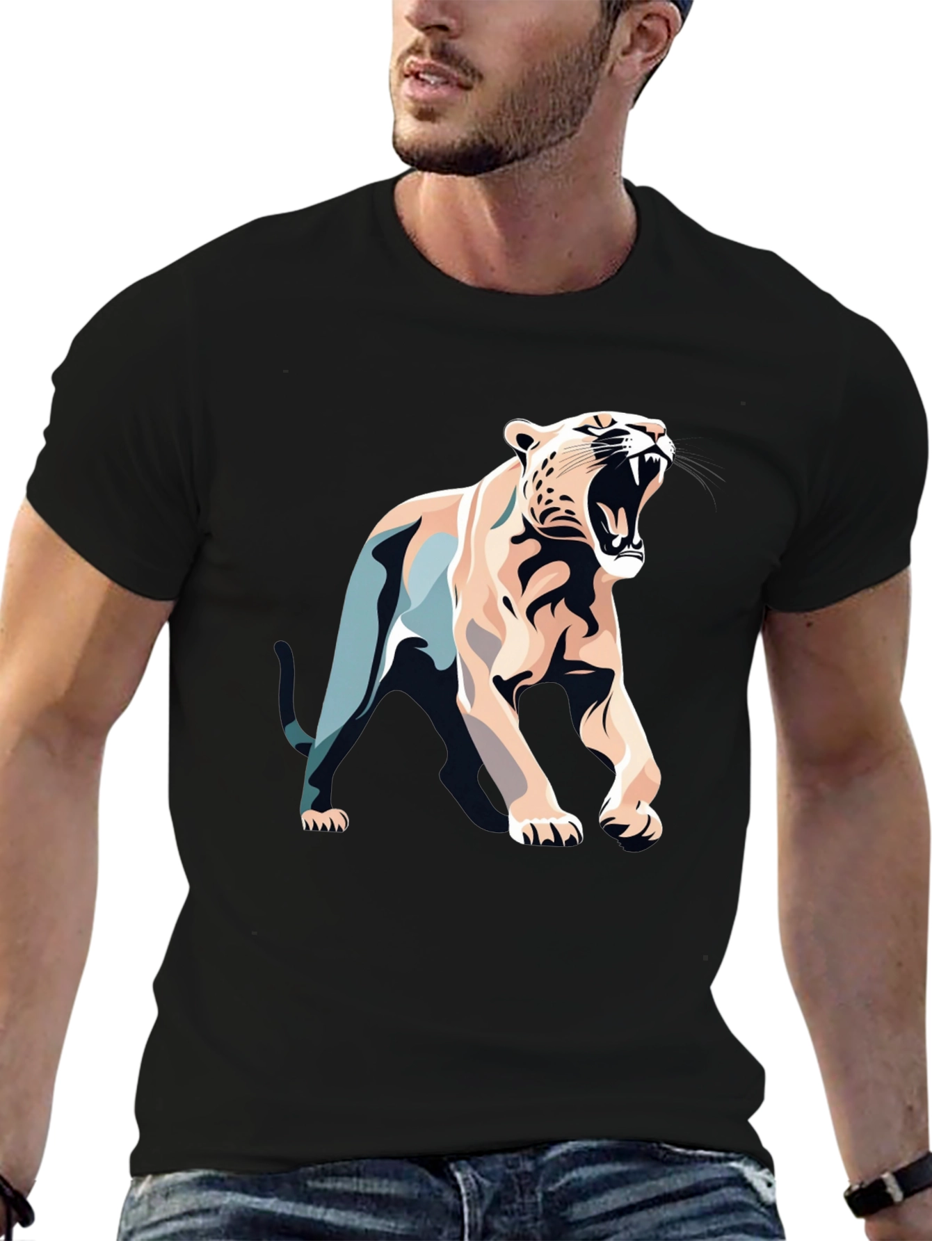 Black T-Shirt with Bold Roaring Cat Graphic
