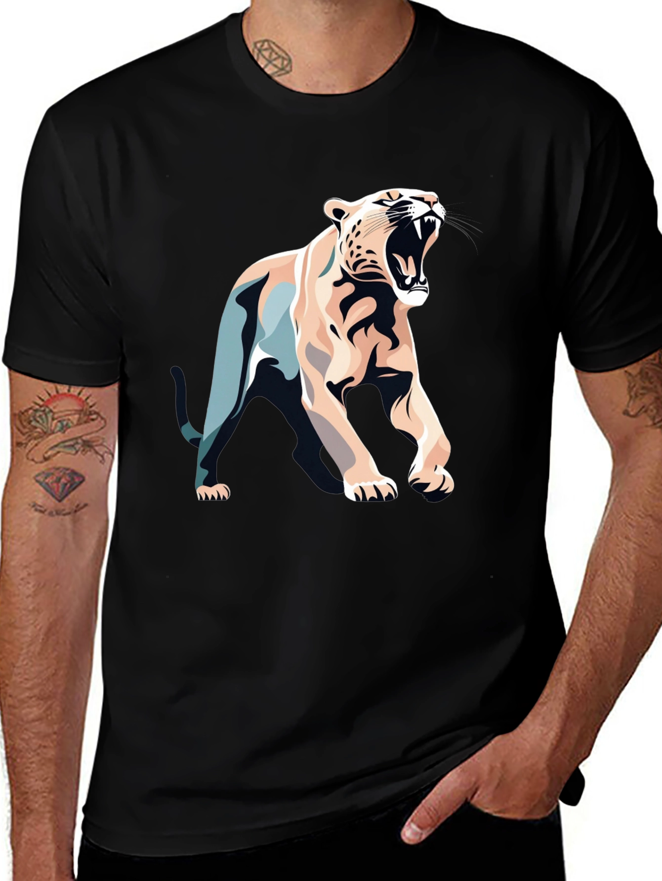 Black T-Shirt with Bold Roaring Cat Graphic