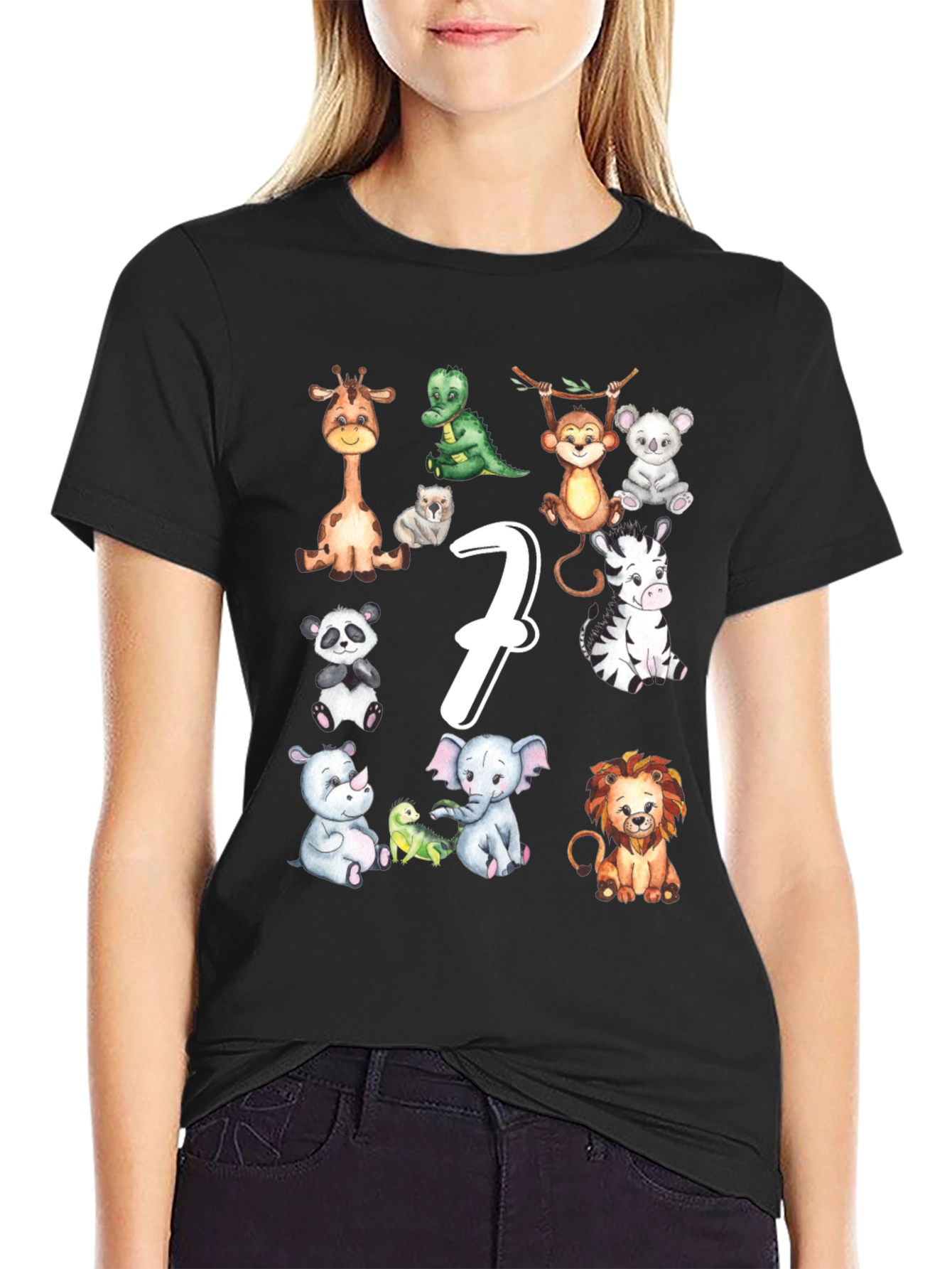 Cute 7th Birthday Safari Animals Black T-Shirt