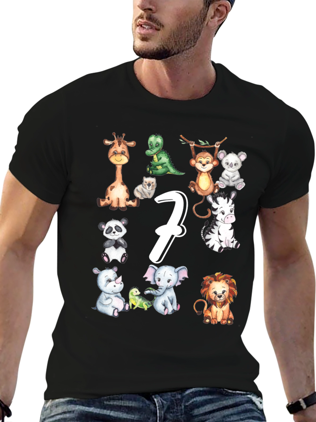 Cute 7th Birthday Safari Animals Black T-Shirt