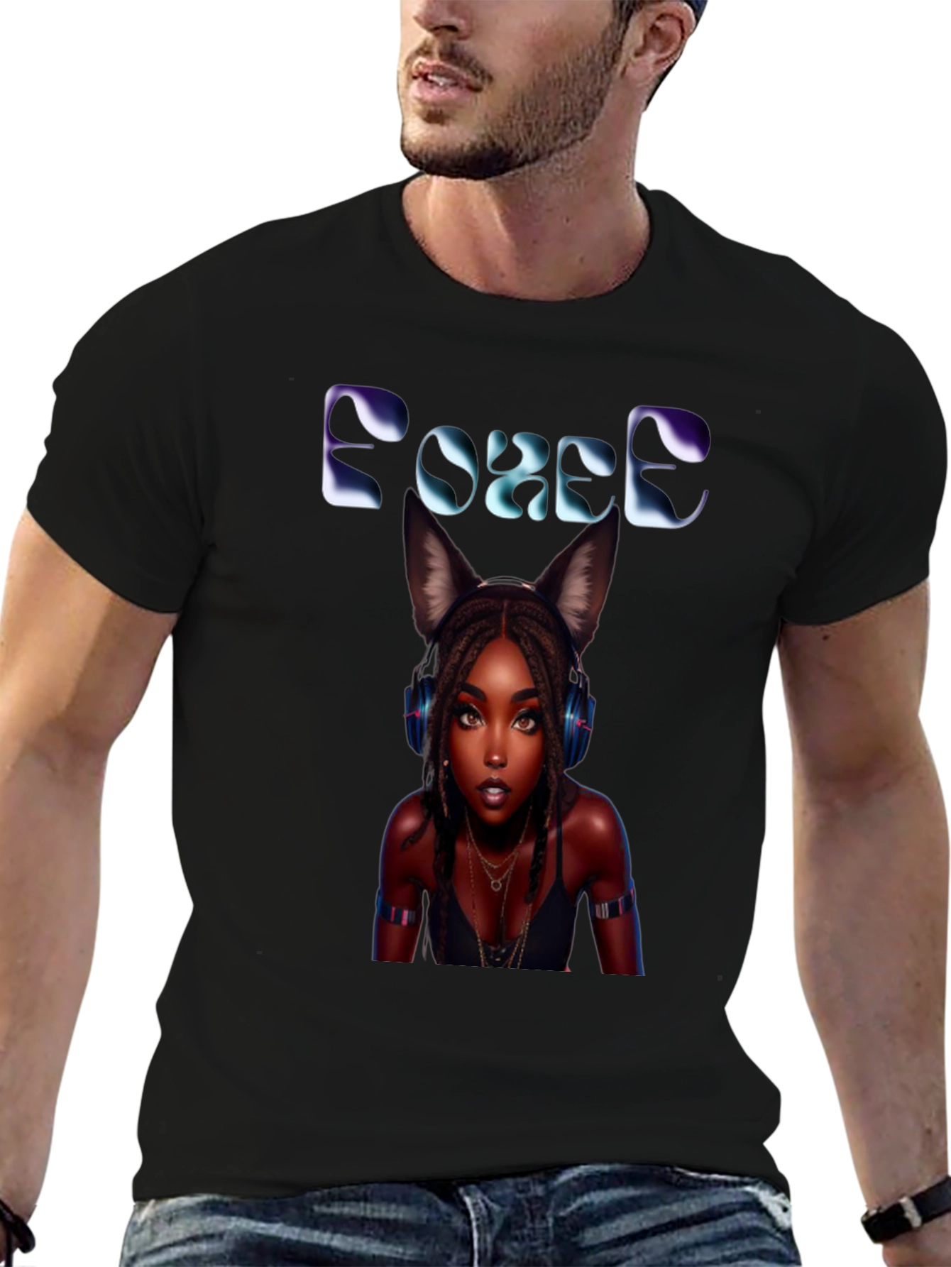 Force Black T-Shirt: Anime Girl with Cat Ears