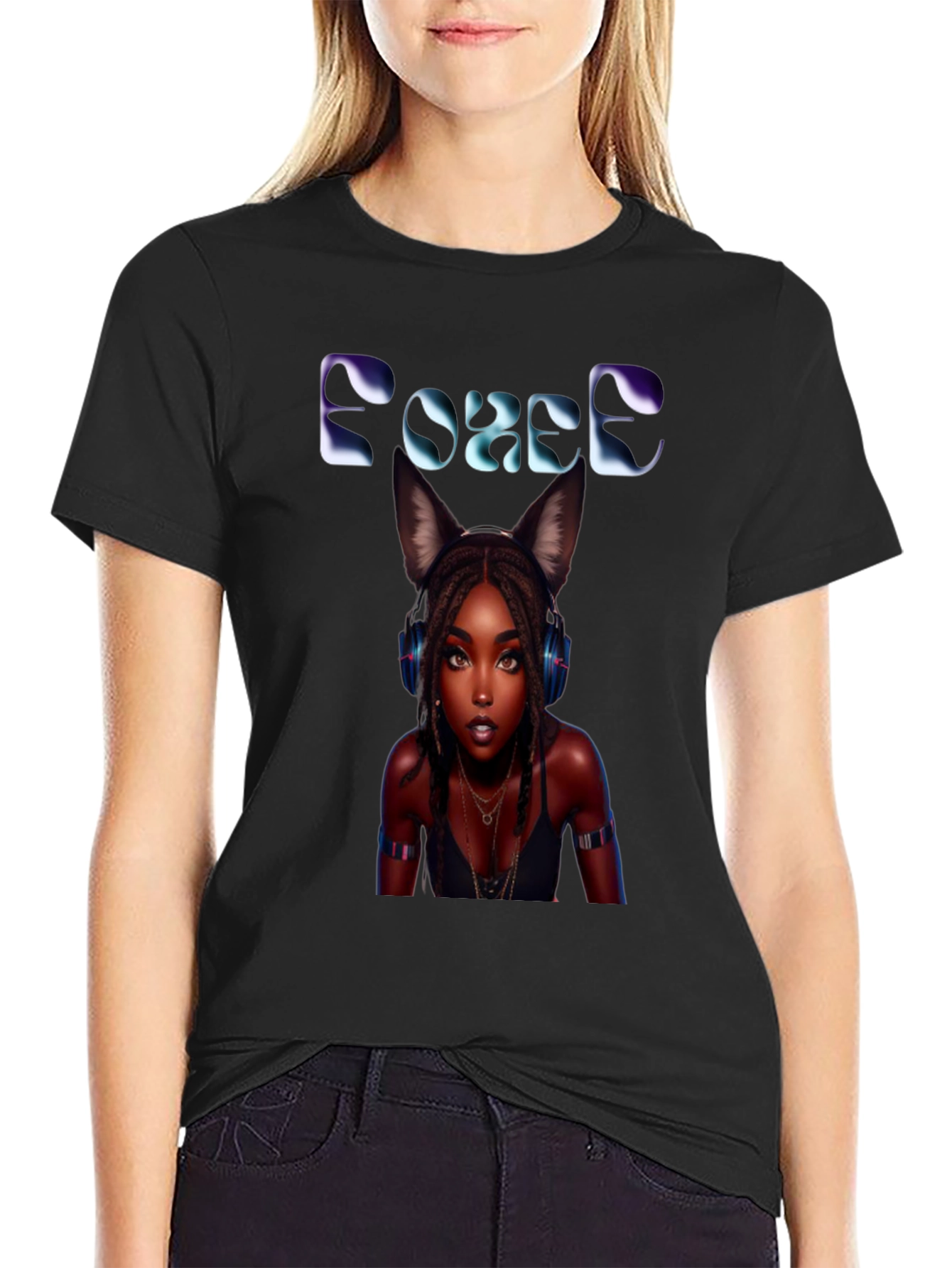 Force Black T-Shirt: Anime Girl with Cat Ears