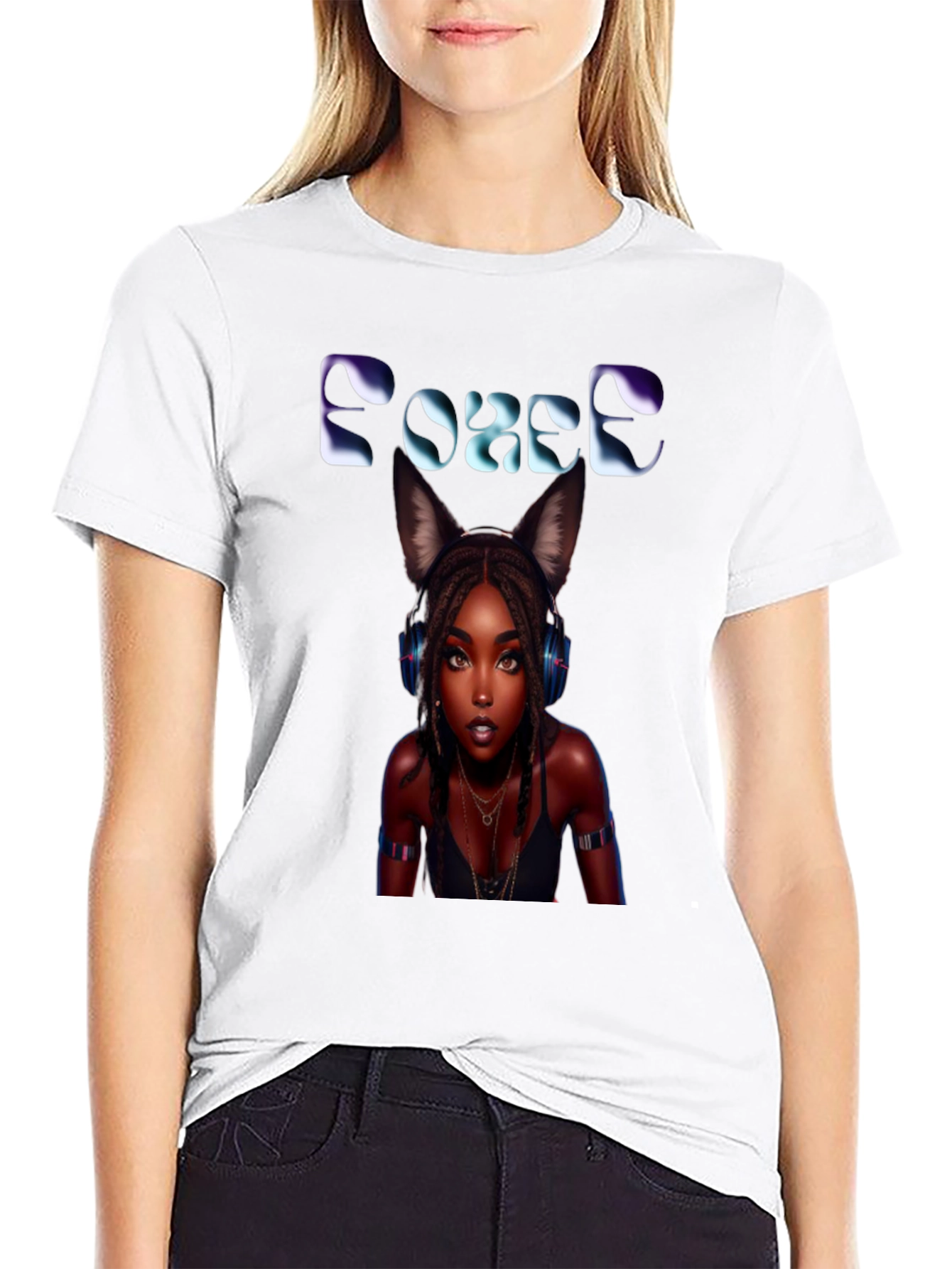 Force Black T-Shirt: Anime Girl with Cat Ears