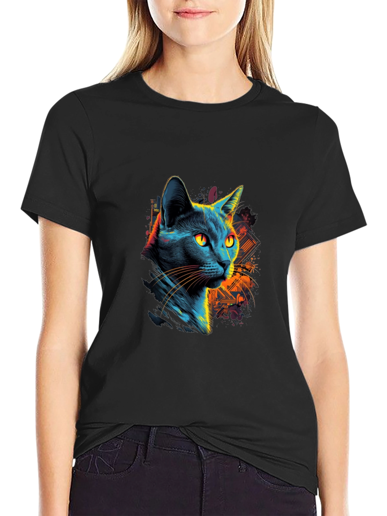 Neon Cat Graphic Black T-Shirt