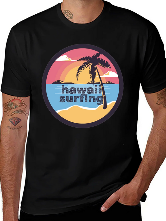 Hawaii Surfing T-Shirt - Tropical Palm Tree Design