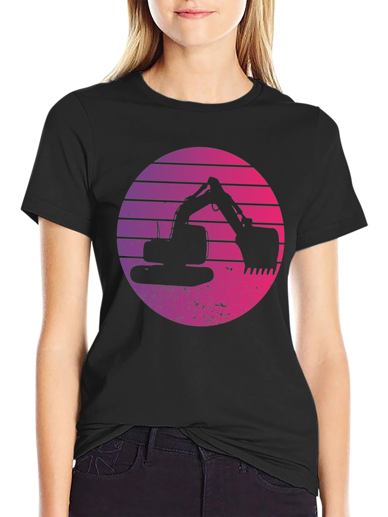 Retro Excavator Sunset Black T-Shirt