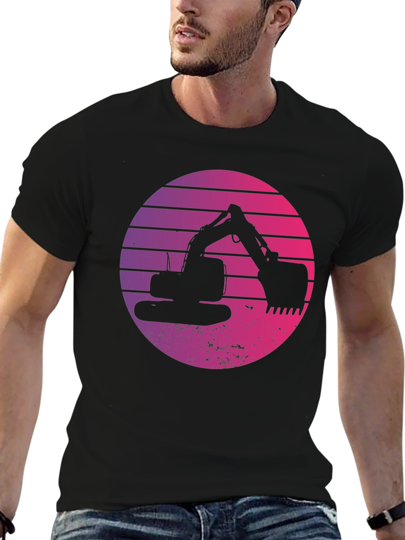 Retro Excavator Sunset Black T-Shirt