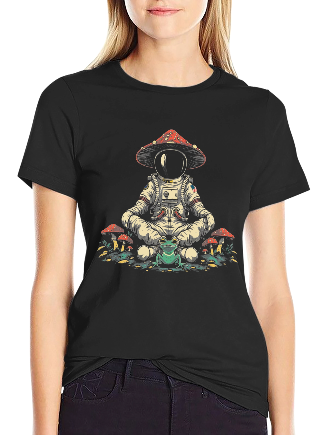 Astronaut Frog Mushroom T-Shirt - Relaxed Fit Black Tee