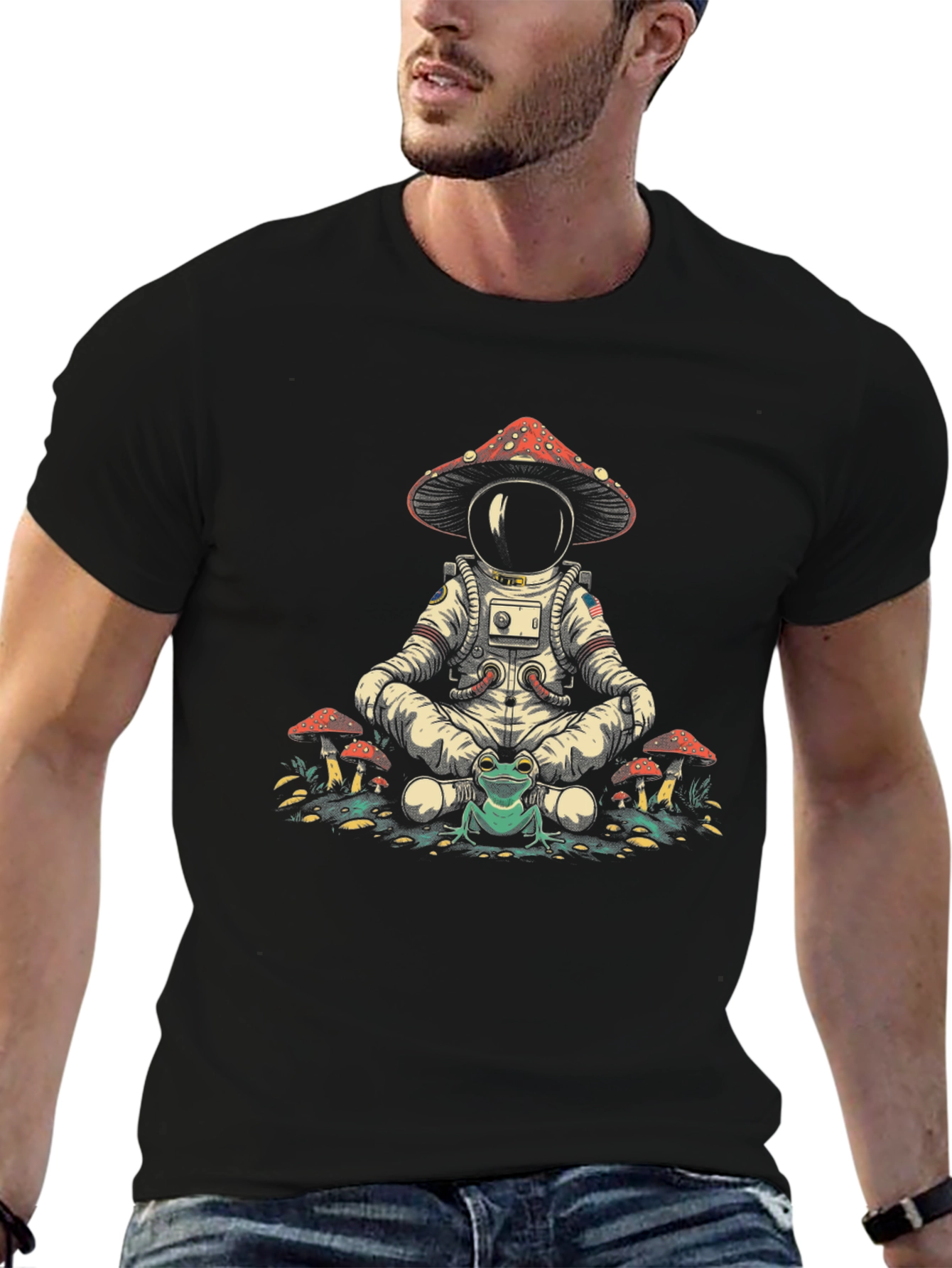 Astronaut Frog Mushroom T-Shirt - Relaxed Fit Black Tee