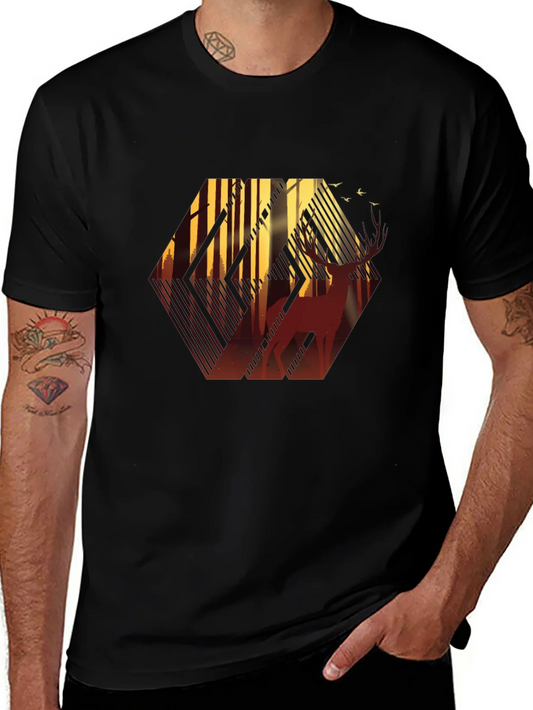 Stylish Mens Black T-Shirt with Deer Forest Graphic
