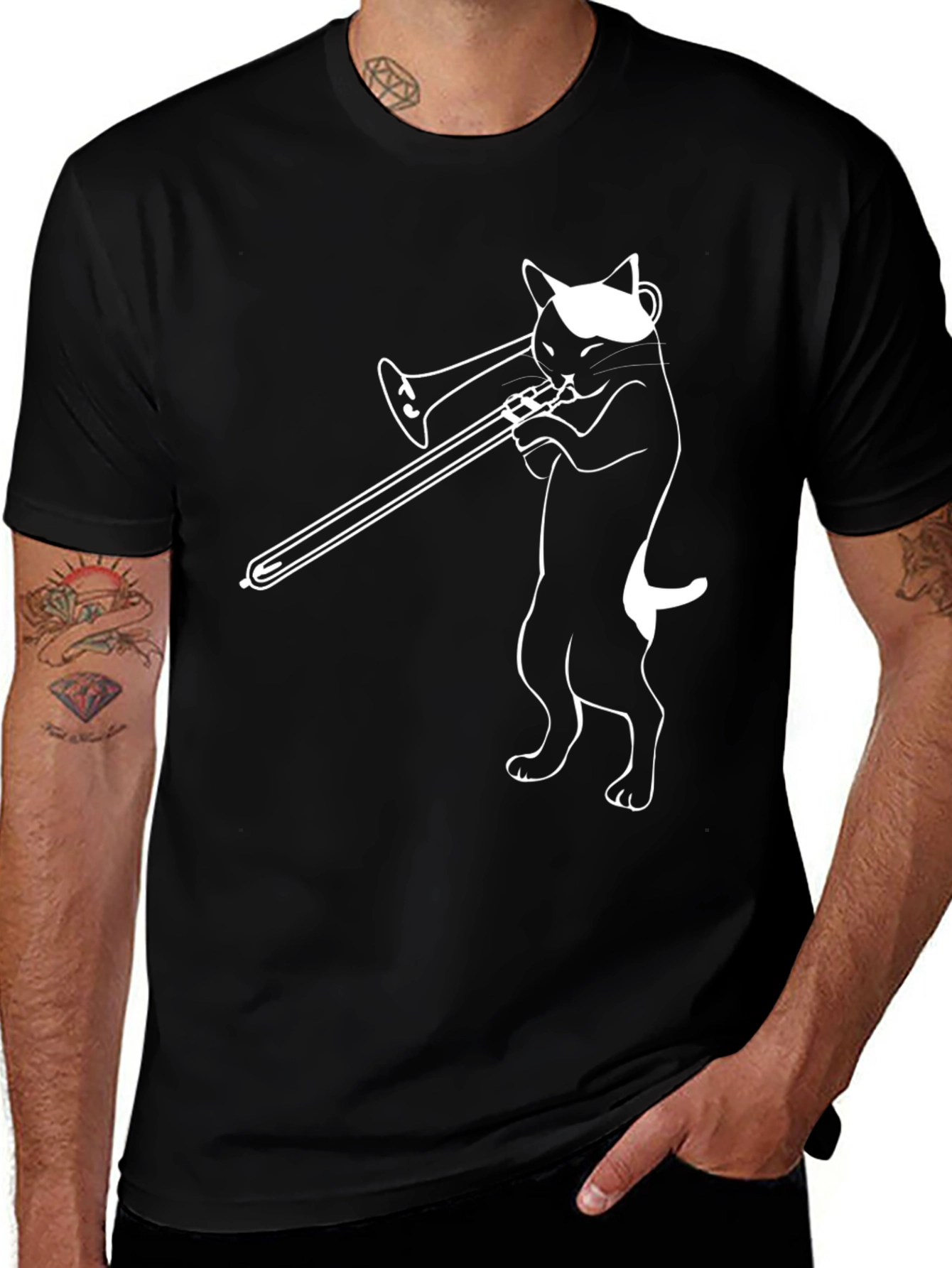 Cool Cat Trombone Player Graphic T-Shirt