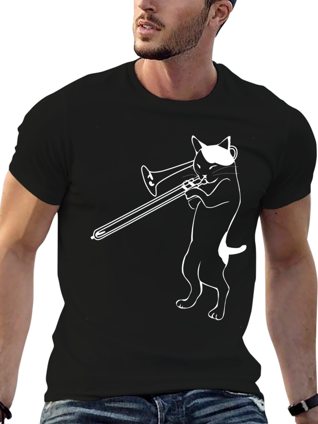 Cool Cat Trombone Player Graphic T-Shirt
