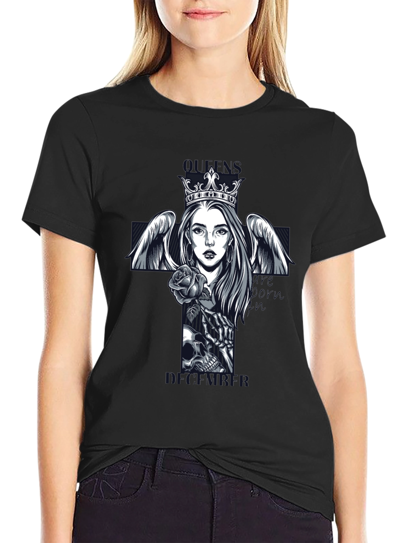 Queen Skull Cross Graphic Tee - Gothic Style