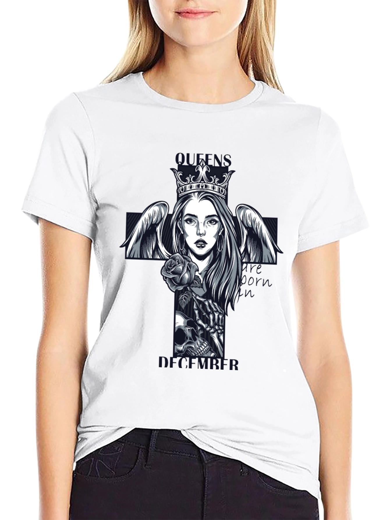 Queen Skull Cross Graphic Tee - Gothic Style