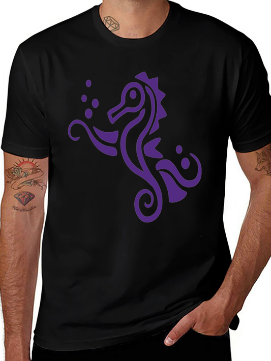 Seahorse Graphic Tee - Black Cotton Blend Casual T-Shirt