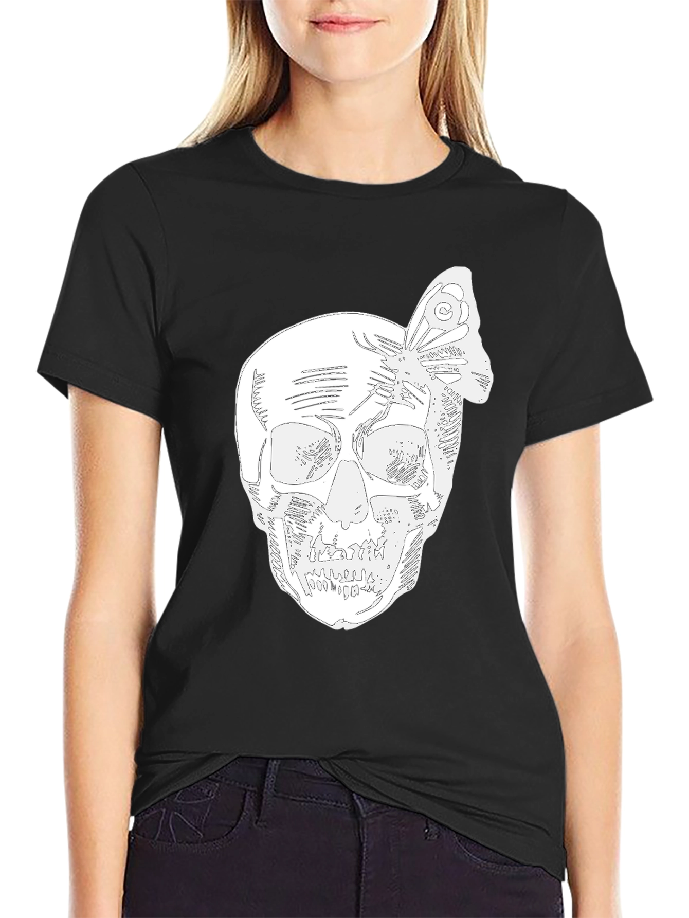 Skull & Butterfly Graphic Tee - Black Cotton Blend