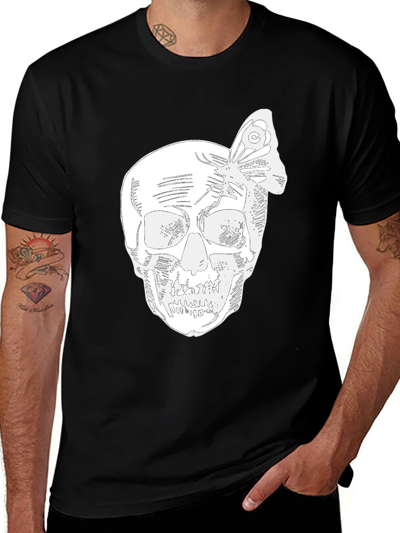 Skull & Butterfly Graphic Tee - Black Cotton Blend