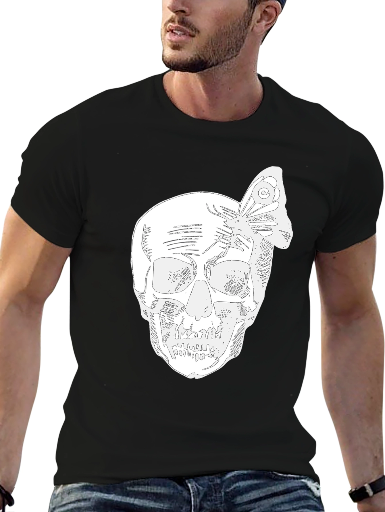 Skull & Butterfly Graphic Tee - Black Cotton Blend