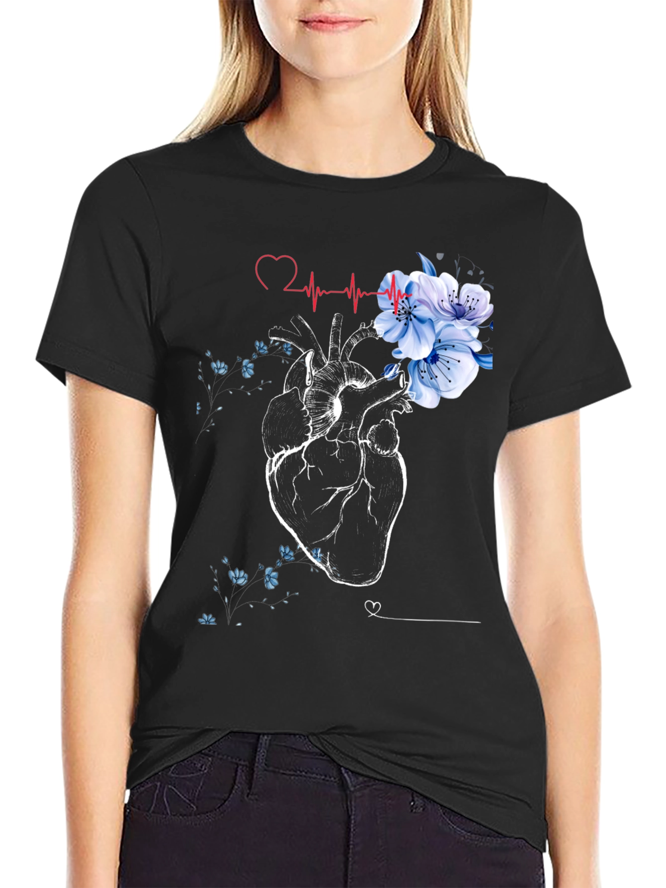 Floral Heartbeat Black T-Shirt