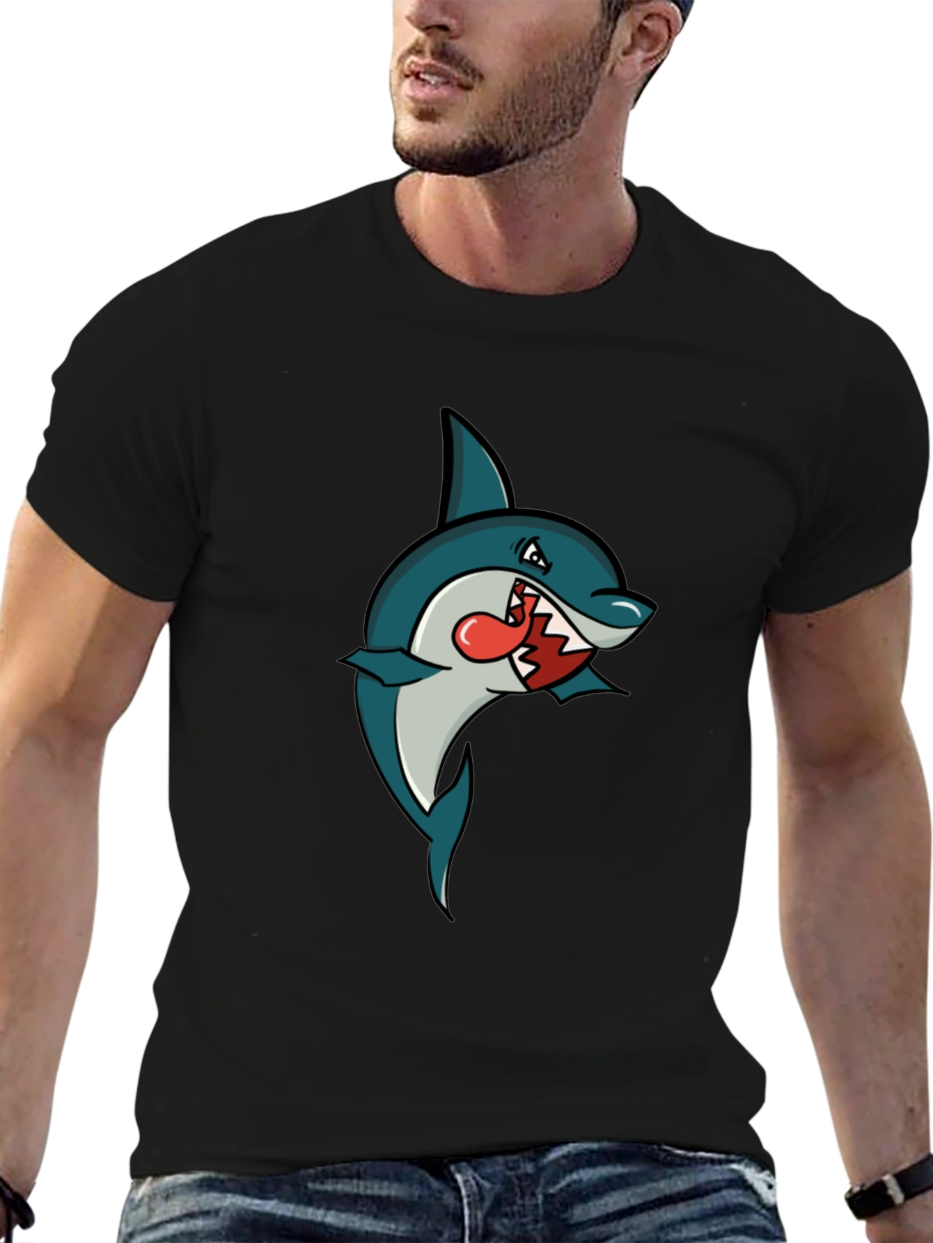 Shark Cartoon Graphic Tee - Mens Black T-Shirt