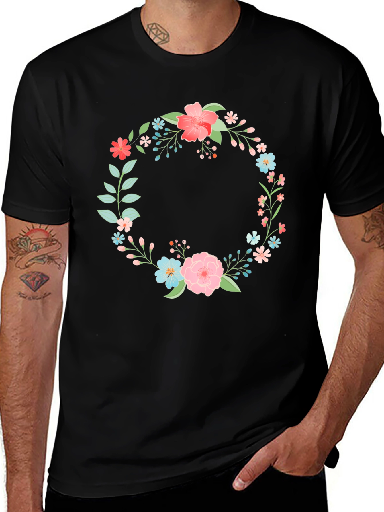 Floral Wreath Graphic Black T-Shirt