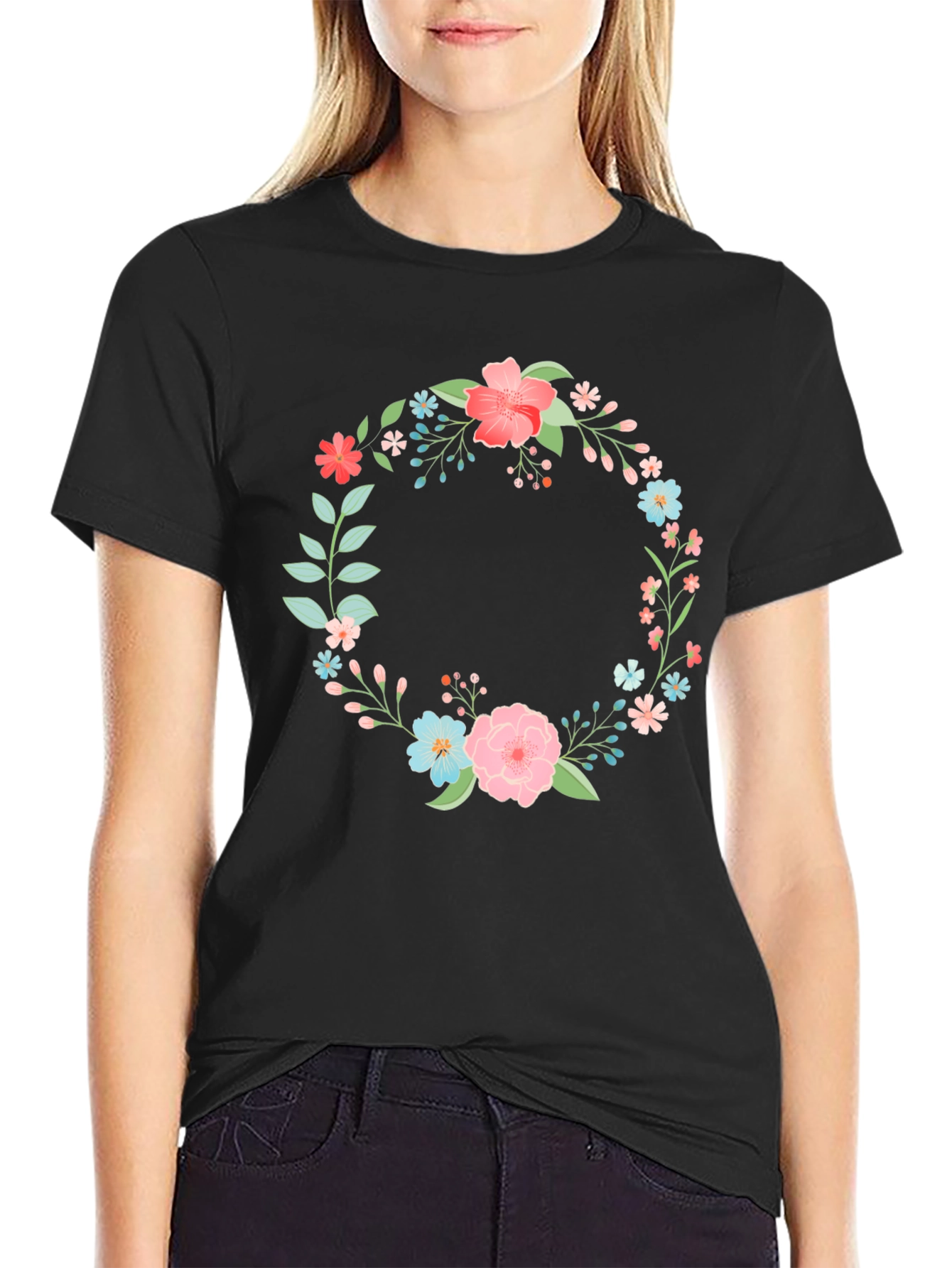 Floral Wreath Graphic Black T-Shirt