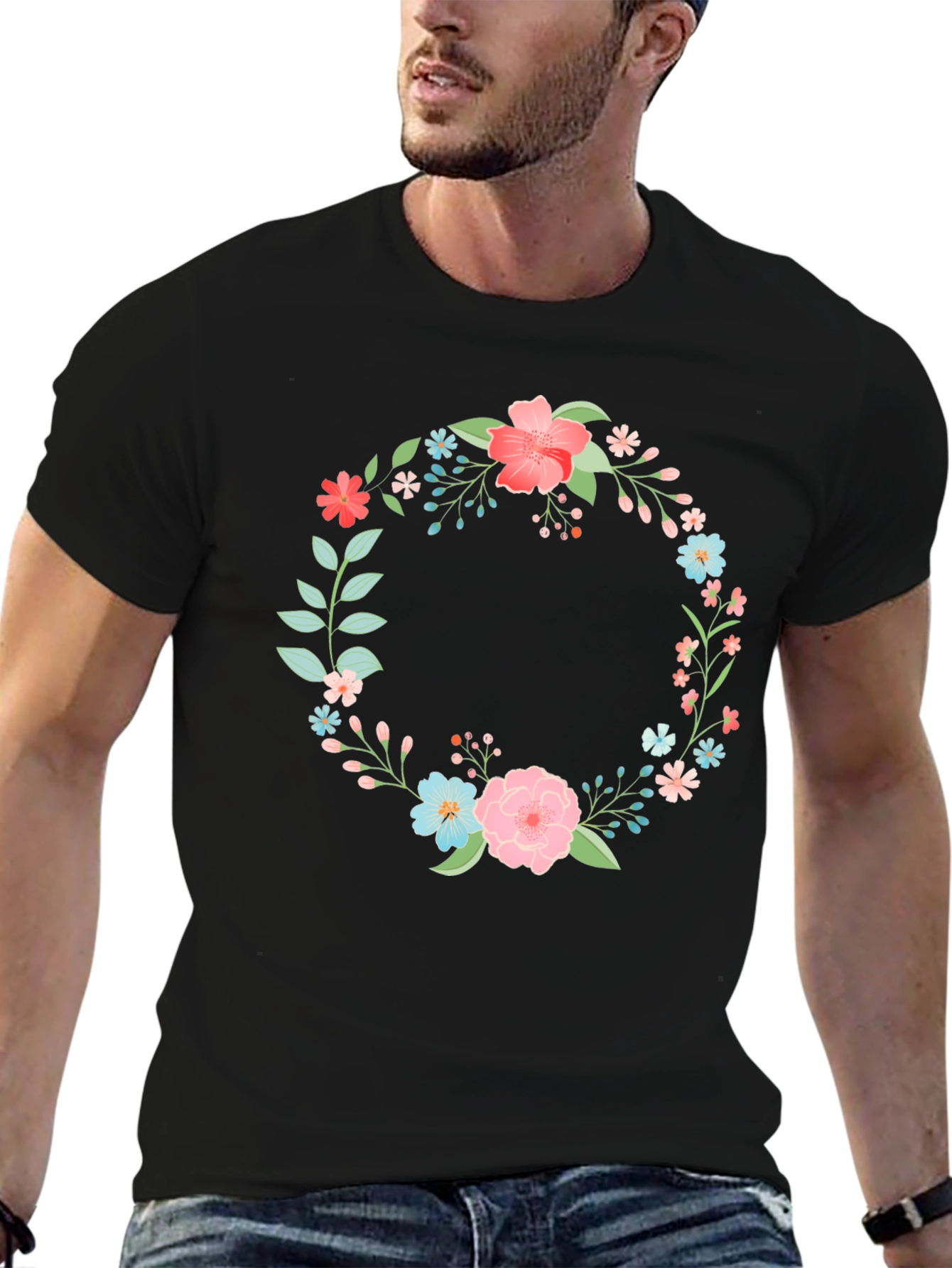 Floral Wreath Graphic Black T-Shirt