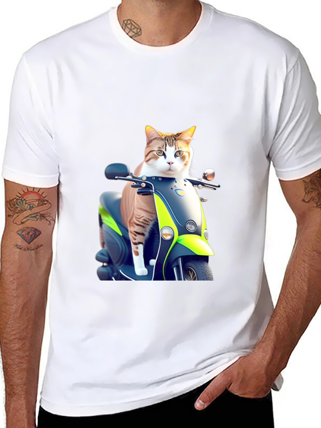 Cat on Scooter Graphic T-Shirt - Black Cotton Tee