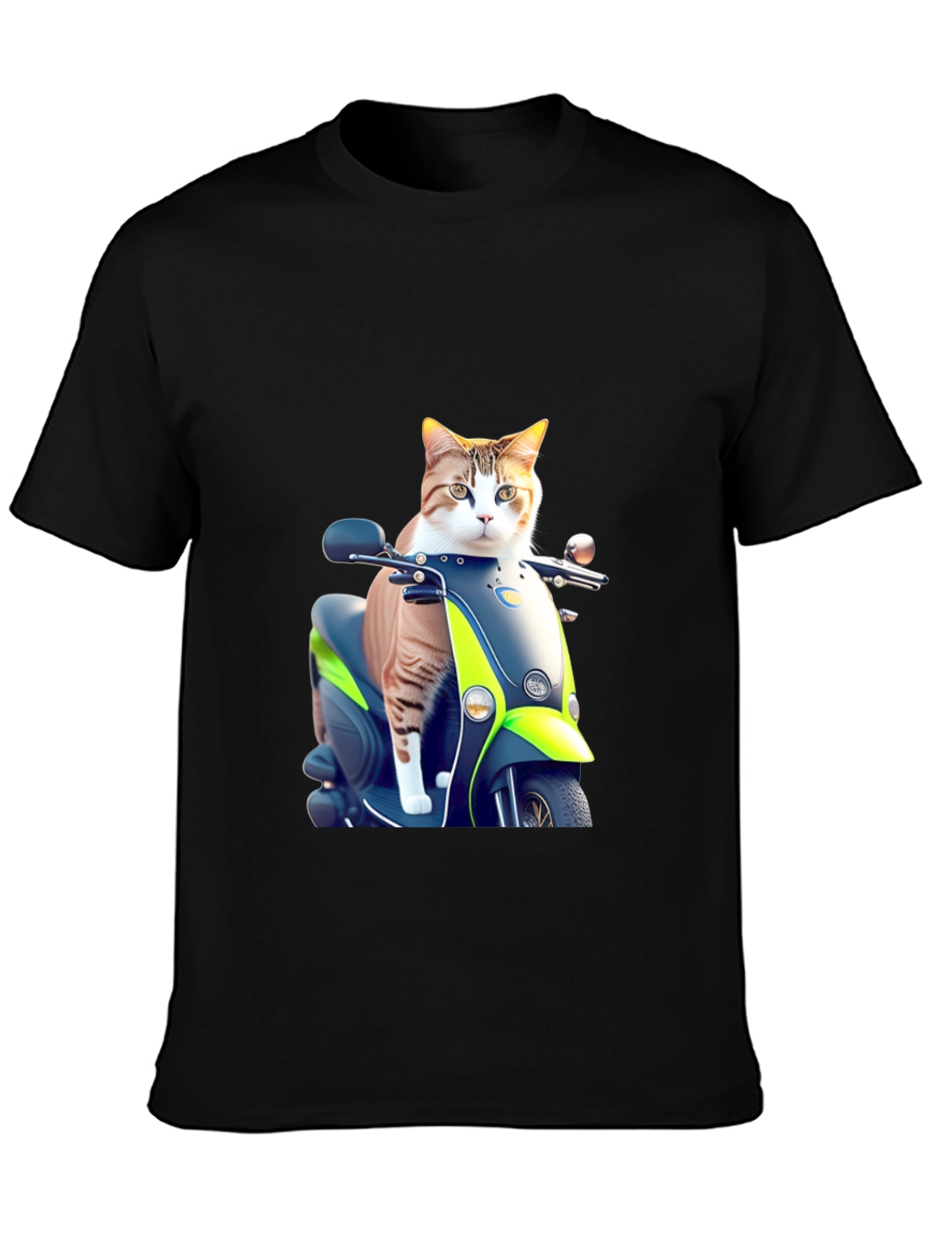 Cat on Scooter Graphic T-Shirt - Black Cotton Tee