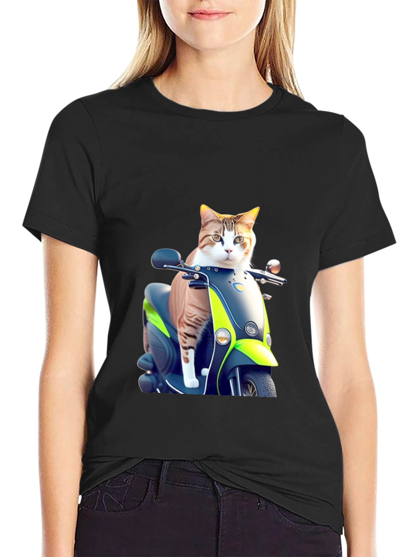 Cat on Scooter Graphic T-Shirt - Black Cotton Tee