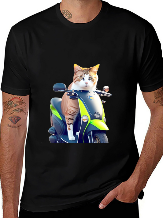 Cat on Scooter Graphic T-Shirt - Black Cotton Tee