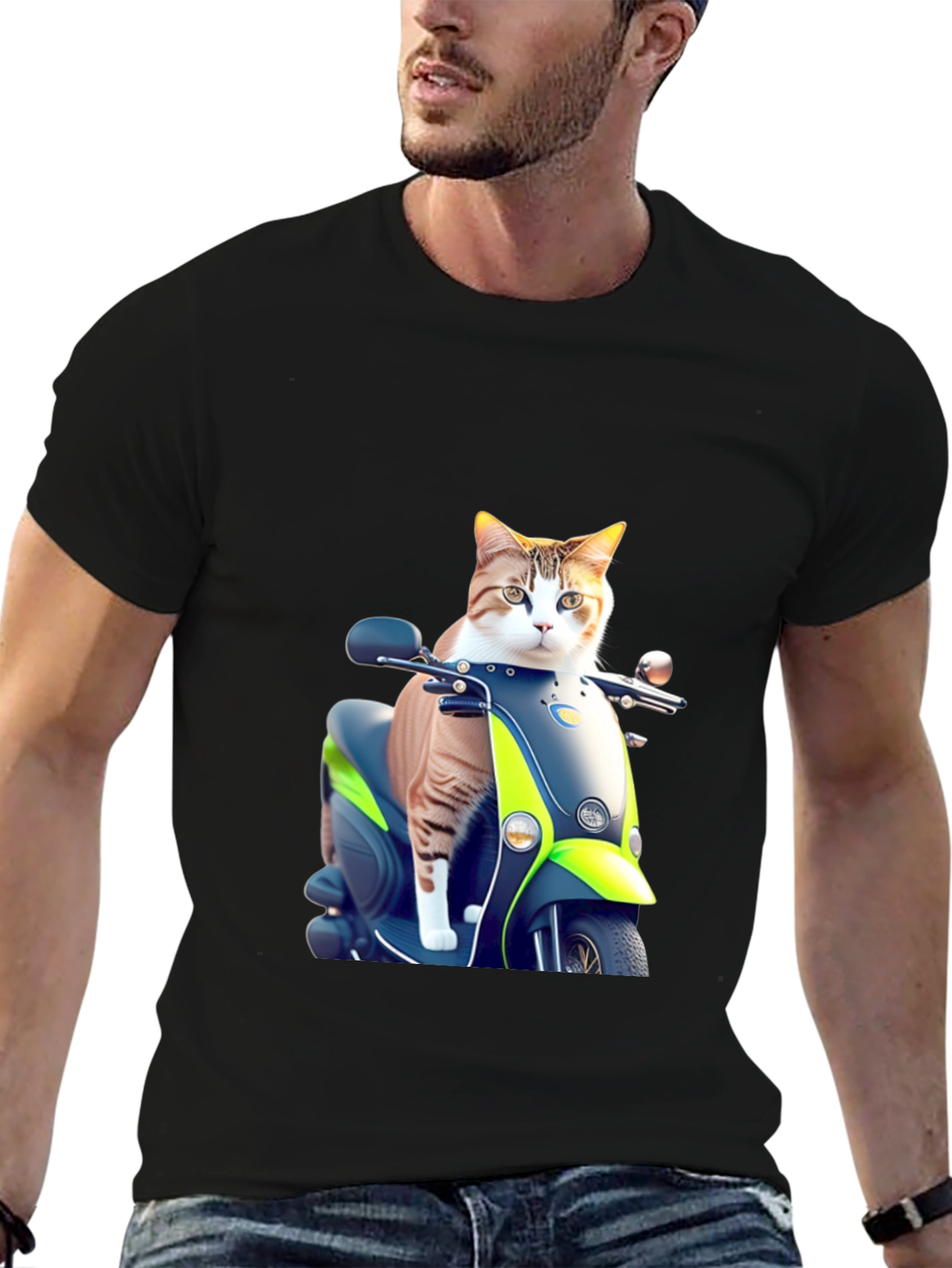 Cat on Scooter Graphic T-Shirt - Black Cotton Tee