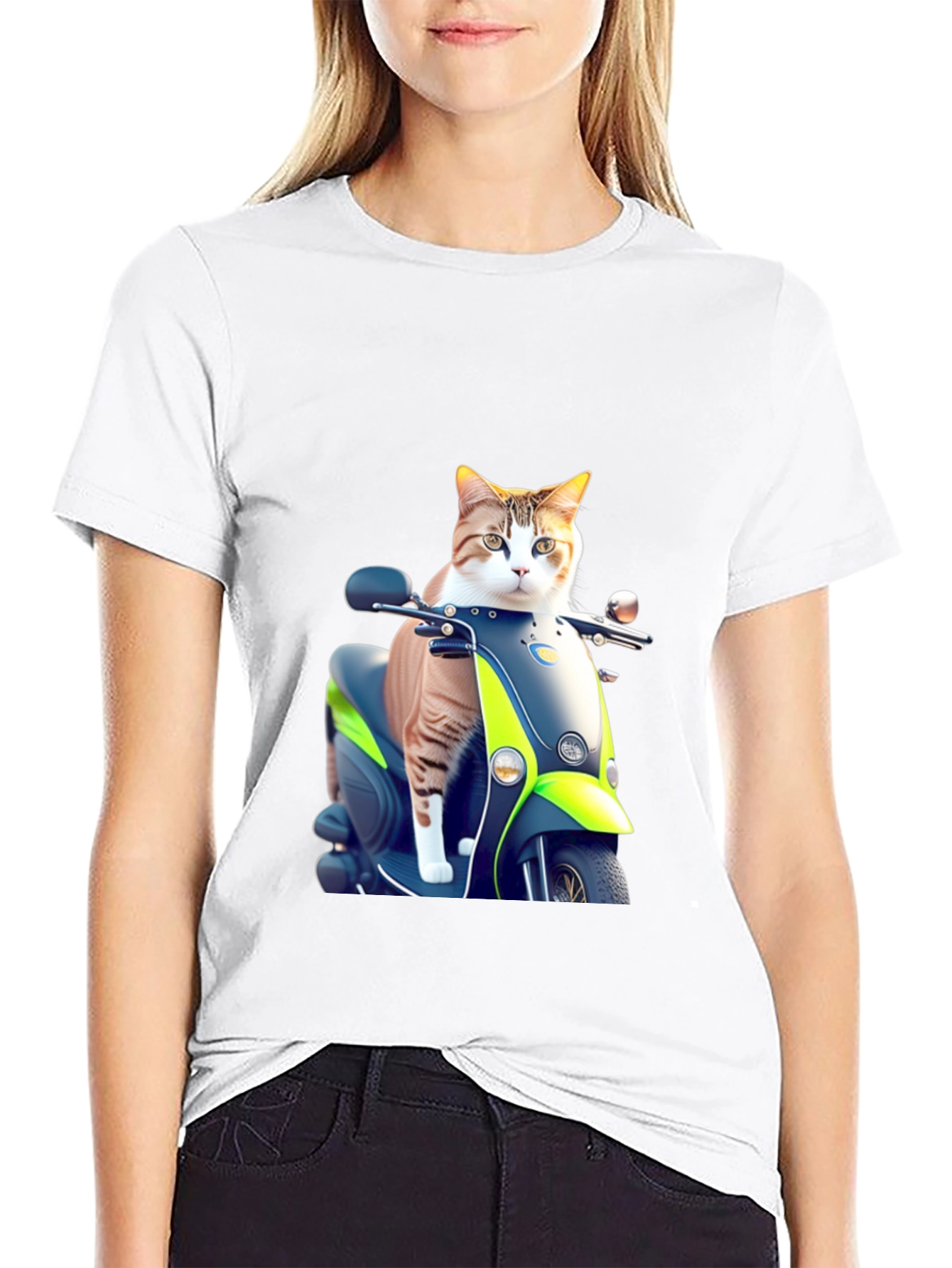 Cat on Scooter Graphic T-Shirt - Black Cotton Tee