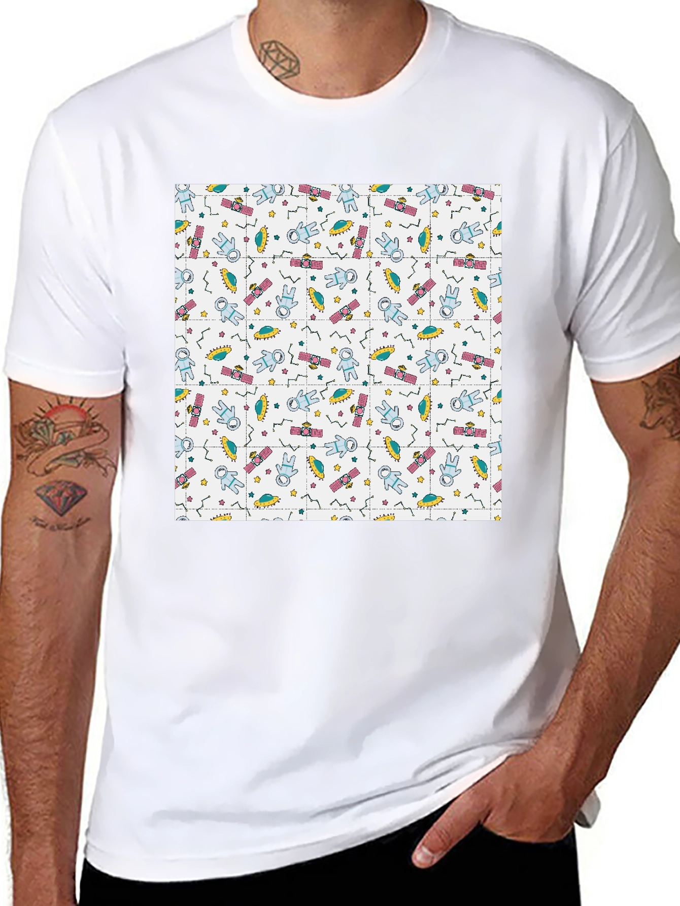Retro Space Pattern Black T-Shirt
