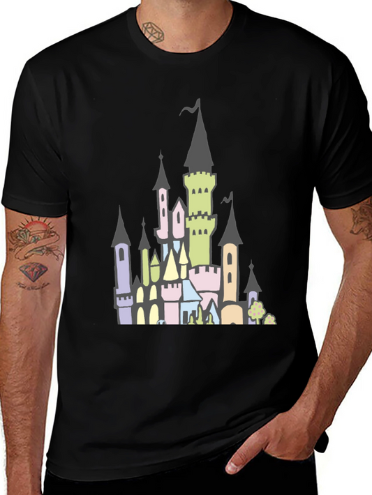 Fantasy Castle Graphic Tee - Black Cotton Shirt