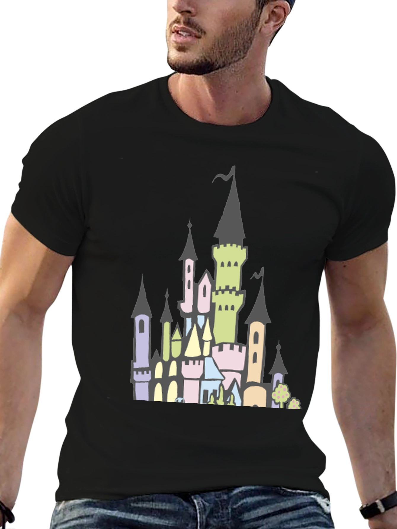 Fantasy Castle Graphic Tee - Black Cotton Shirt