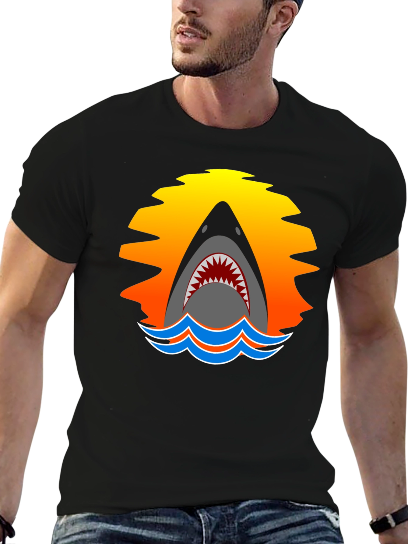 Shark Sunset Graphic T-Shirt - Black Cotton Tee