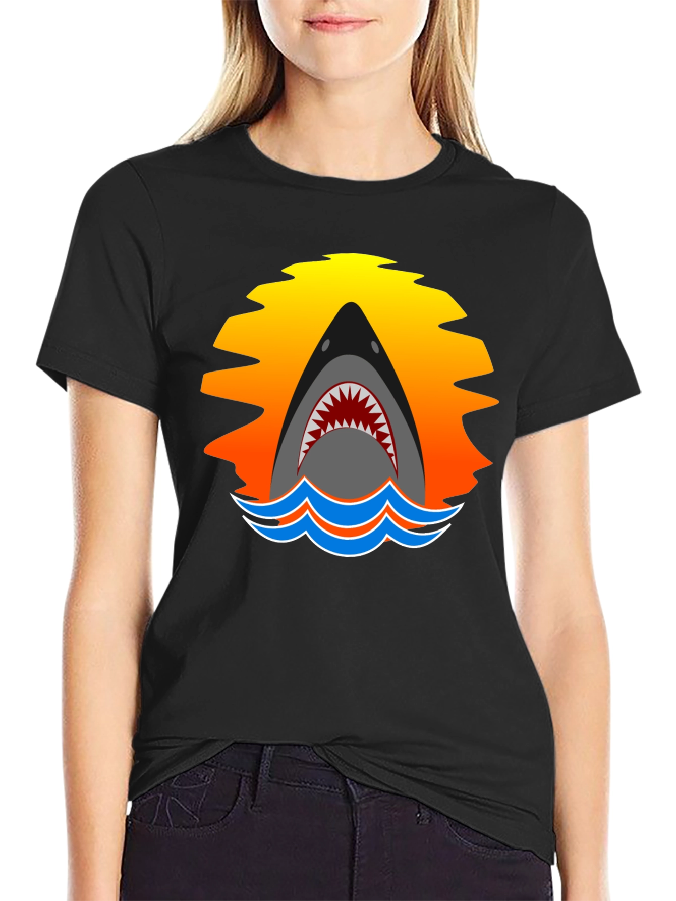 Shark Sunset Graphic T-Shirt - Black Cotton Tee